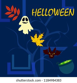 Halloween autumn fallen leaves cauldron witch bat spirit vector