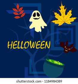 Halloween autumn fallen leaves cauldron witch bat spirit vector