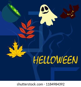 Halloween autumn fallen leaves cauldron witch bat spirit vector