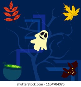 Halloween autumn fallen leaves cauldron witch bat spirit vector
