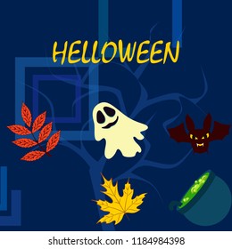 Halloween autumn fallen leaves cauldron witch bat spirit vector