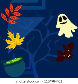 Halloween autumn fallen leaves cauldron witch bat spirit vector