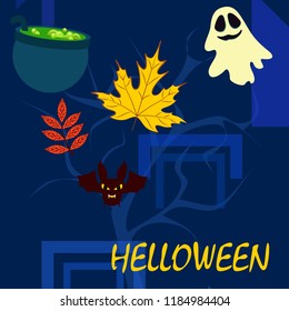 Halloween autumn fallen leaves cauldron witch bat spirit vector