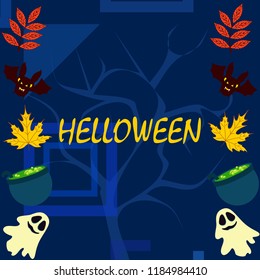 Halloween autumn fallen leaves cauldron witch bat spirit vector