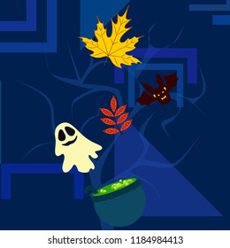 Halloween autumn fallen leaves cauldron witch bat spirit vector