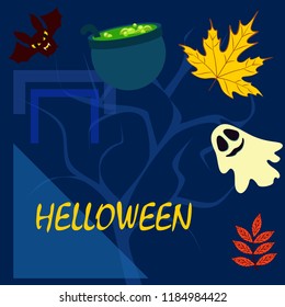 Halloween autumn fallen leaves cauldron witch bat spirit vector
