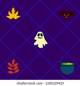 Halloween autumn fallen leaves cauldron witch bat spirit vector