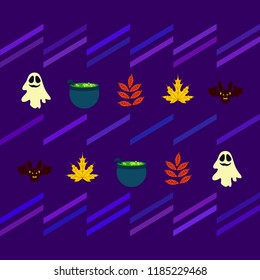Halloween autumn fallen leaves cauldron witch bat spirit vector