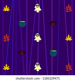 Halloween autumn fallen leaves cauldron witch bat spirit vector