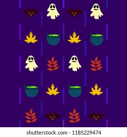 Halloween autumn fallen leaves cauldron witch bat spirit vector