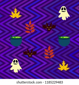 Halloween autumn fallen leaves cauldron witch bat spirit vector