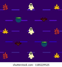 Halloween autumn fallen leaves cauldron witch bat spirit vector