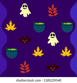 Halloween autumn fallen leaves cauldron witch bat spirit vector