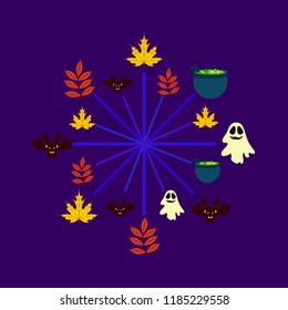 Halloween autumn fallen leaves cauldron witch bat spirit vector