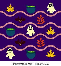 Halloween autumn fallen leaves cauldron witch bat spirit vector