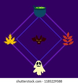 Halloween autumn fallen leaves cauldron witch bat spirit vector