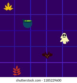 Halloween autumn fallen leaves cauldron witch bat spirit vector