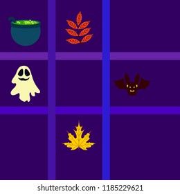Halloween autumn fallen leaves cauldron witch bat spirit vector
