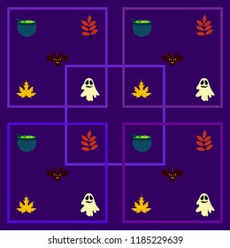 Halloween autumn fallen leaves cauldron witch bat spirit vector