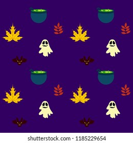 Halloween autumn fallen leaves cauldron witch bat spirit vector
