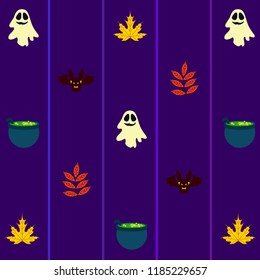 Halloween autumn fallen leaves cauldron witch bat spirit vector