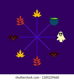 Halloween autumn fallen leaves cauldron witch bat spirit vector