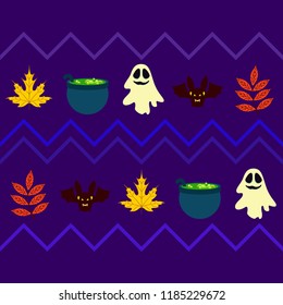 Halloween autumn fallen leaves cauldron witch bat spirit vector