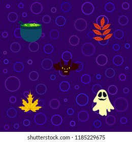 Halloween autumn fallen leaves cauldron witch bat spirit vector