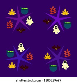 Halloween autumn fallen leaves cauldron witch bat spirit vector