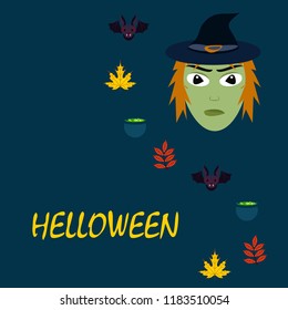 Halloween autumn fallen leaves mask, witch and bat vector