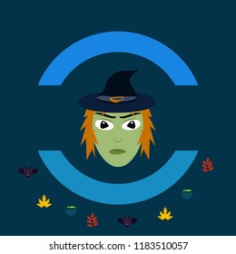 Halloween autumn fallen leaves mask, witch and bat vector