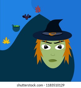 Halloween autumn fallen leaves mask, witch and bat vector