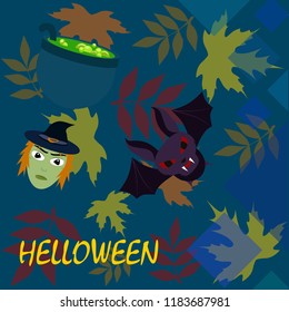 Halloween autumn fallen leaves mask witches bat vector