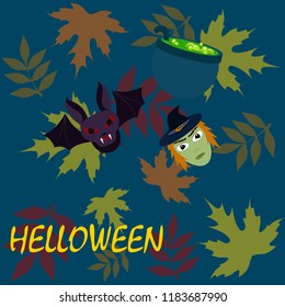 Halloween autumn fallen leaves mask witches bat vector