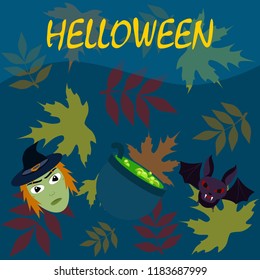 Halloween autumn fallen leaves mask witches bat vector