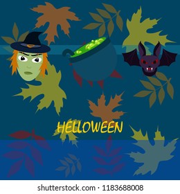 Halloween autumn fallen leaves mask witches bat vector