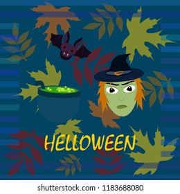 Halloween autumn fallen leaves mask witches bat vector