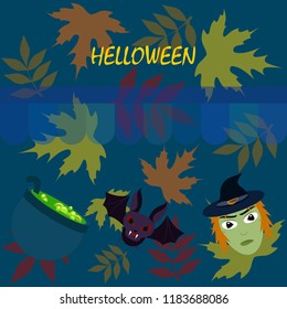 Halloween autumn fallen leaves mask witches bat vector