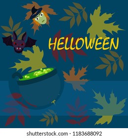 Halloween autumn fallen leaves mask witches bat vector