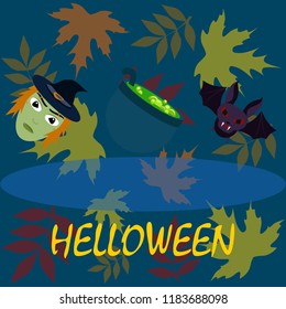 Halloween autumn fallen leaves mask witches bat vector