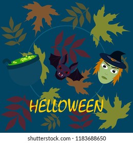 Halloween autumn fallen leaves mask witches bat vector