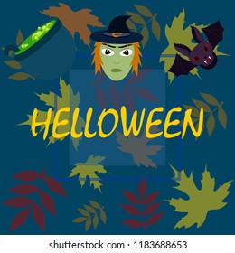 Halloween autumn fallen leaves mask witches bat vector