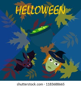 Halloween autumn fallen leaves mask witches bat vector