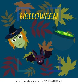 Halloween autumn fallen leaves mask witches bat vector