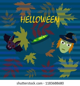 Halloween autumn fallen leaves mask witches bat vector