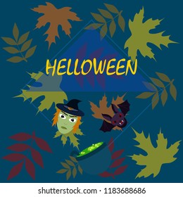 Halloween autumn fallen leaves mask witches bat vector
