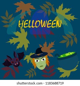 Halloween autumn fallen leaves mask witches bat vector