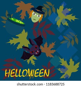 Halloween autumn fallen leaves mask witches bat vector