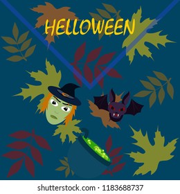 Halloween autumn fallen leaves mask witches bat vector