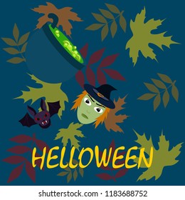 Halloween autumn fallen leaves mask witches bat vector